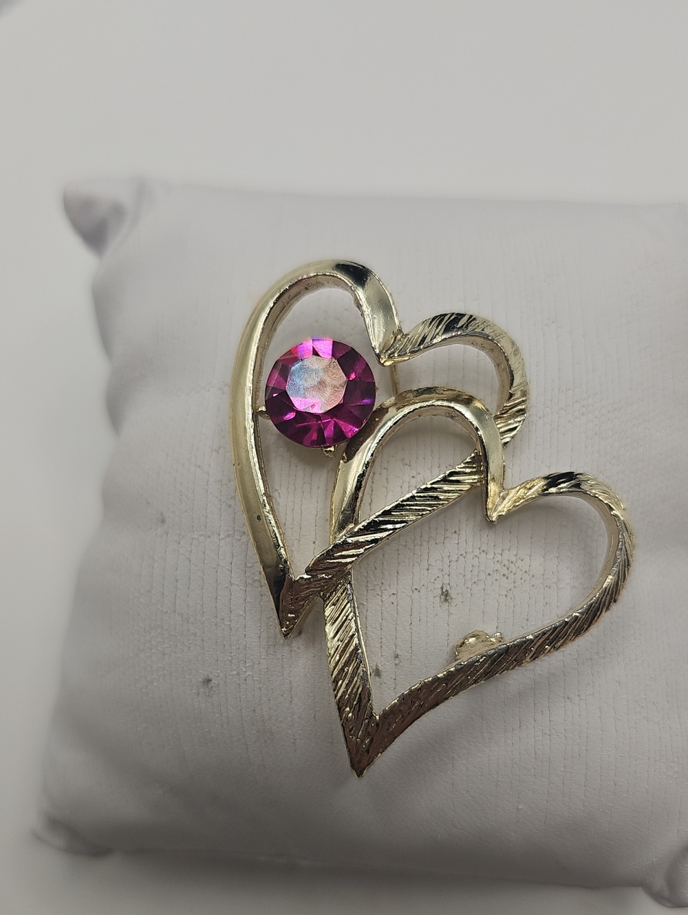 Double Heart With Purple Rhinestone Gold Tone Romantic.